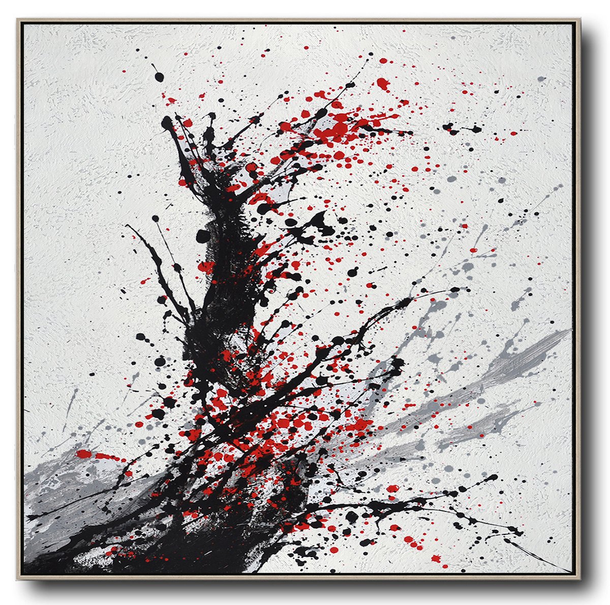 Hand-Painted Minimalist Drip Painting On Canvas, Black, White, Grey, Red - Grey And Blue Abstract Art Foyer Large
